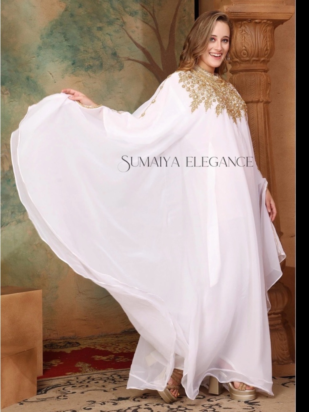 Sumaiya Elegance White Caftan with Gold Embellishment